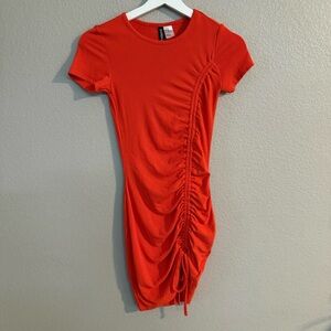 H&M Vibrant Orange Red Ruched Mini Dress